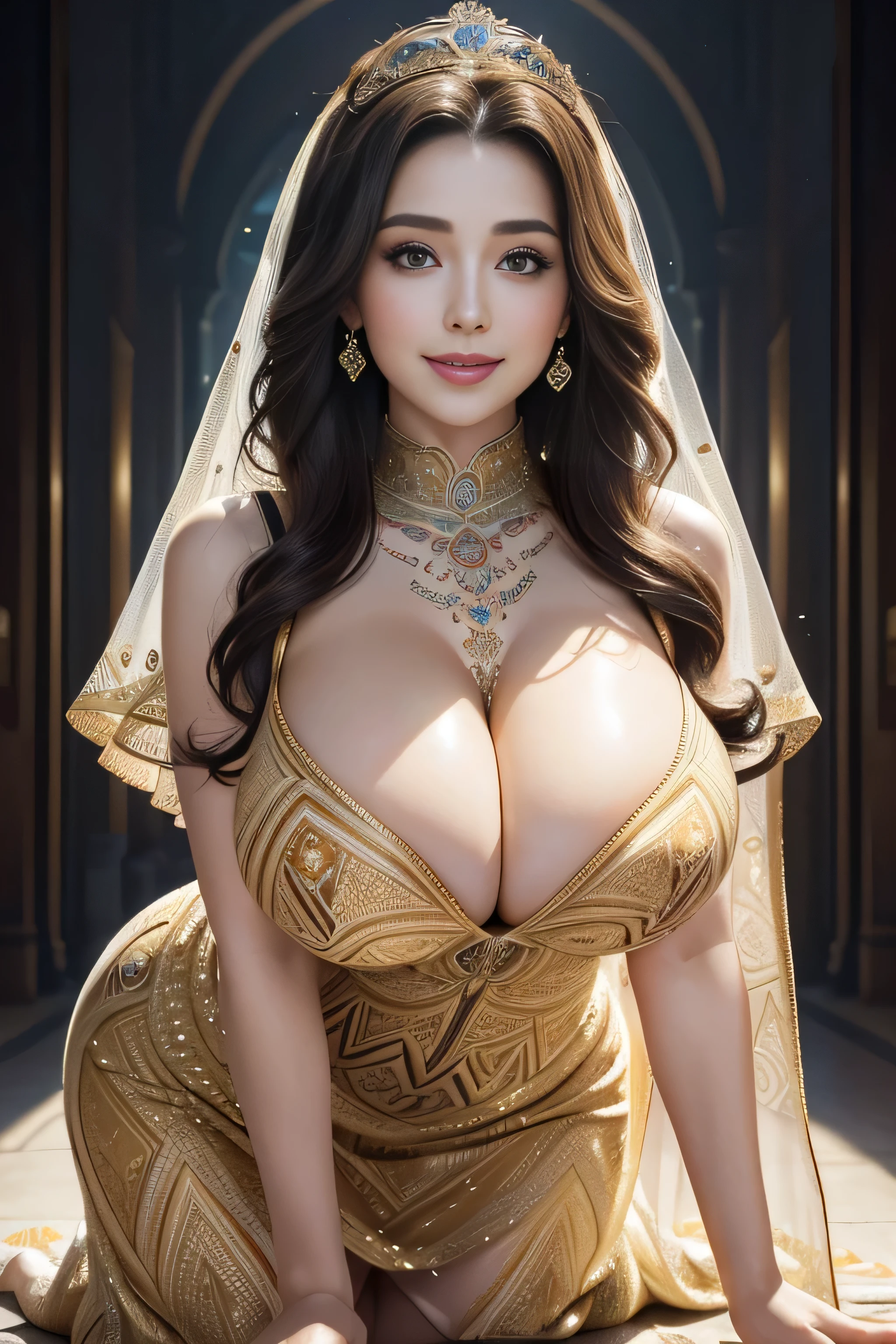 ((Queen of the sexcial MILF in Mythology)), ((Sensual body, take up, thick, Very beautiful woman, Hourglass illustration, Huge , BIG ASS)),((Big Breasts:1.7))((A dignified woman))(Shiny Hair, Medium Short, Wavy), (Cute eyes, Pale alabaster skin), ((Camel Toe)), (Detailed and thick), ((Image of a perfect woman)), (Voluptuous breasts that look like they might explode、Giga Brest、Big Saggy Breasts), Chubby, thick waist, Soft belly. masterpiece, Highest quality, ((Realistic)), ((1 person)), 8K quality, Very delicate and beautiful, Official art with attention to detail, Extremely elaborate hands, digital art, Hyper Details, Top Fade, Space Fantasy. (Beautiful and detailed, Beautiful lip detail, Highly detailed eyes and face, Eyelash length), (Sensual curves,On all fours,Showing cleavage,smile, sexly), (Thigh Gap, Camel Toe, pubic hair, vulva) Create a captivating visual representation of Queen of the Galaxy in Mythology with a take up, voluptuous physique that accentuates her Hourglass illustration. Emphasizes full breasts and fullness, Protruding buttocks, In the starlight,Maintain an attractive aura. She has a captivating presence, Her body decorated with a unique blend of abstract and Realistic designs. (Looking at the audience),((Intricately patterned royal dress:1.4)), shining veil,She is wearing a gorgeous tiara..(beautiful smile)