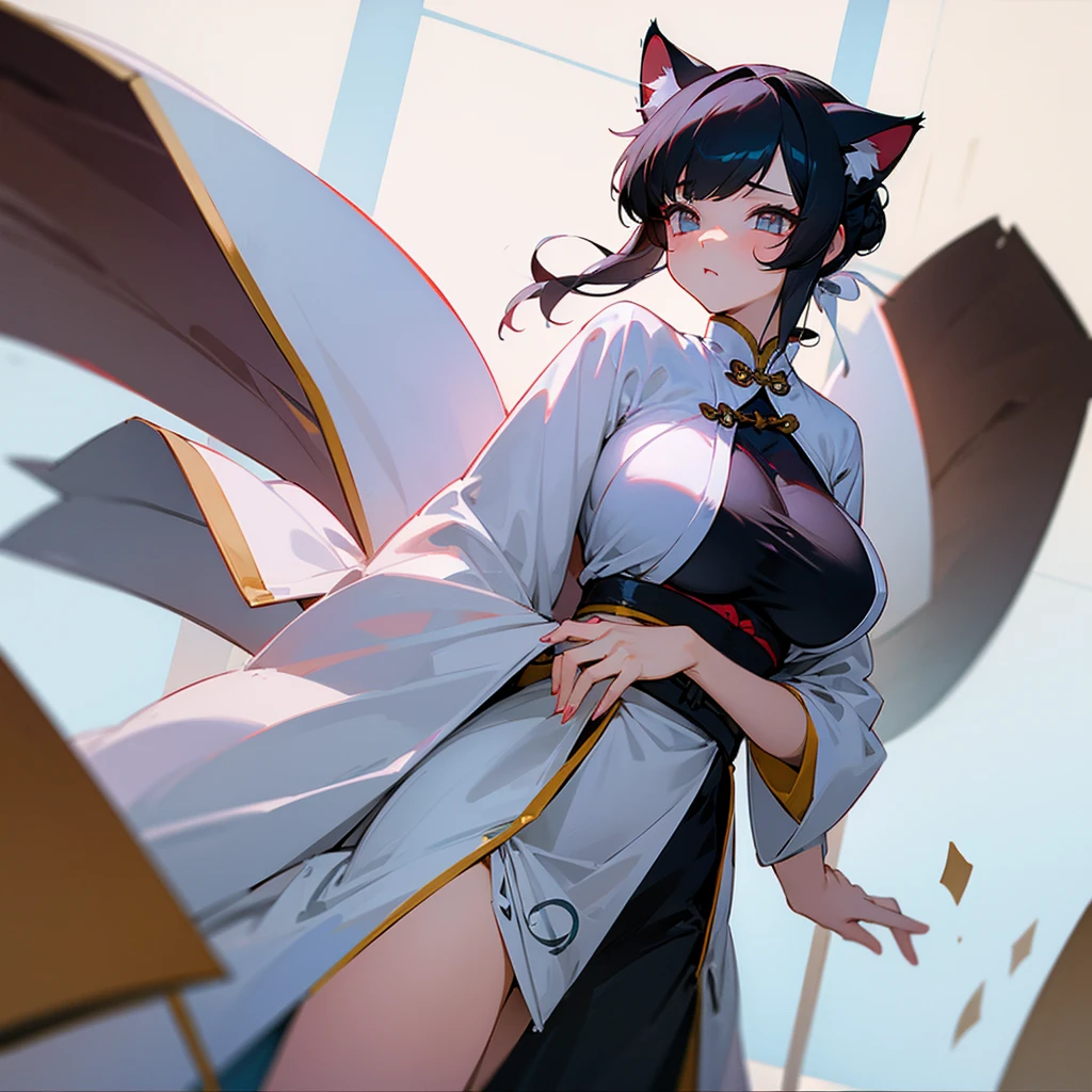Black Hair、A cute girl with cat eyes, cat ears, and big breasts wearing white Chinese clothing.。Hair in a bun