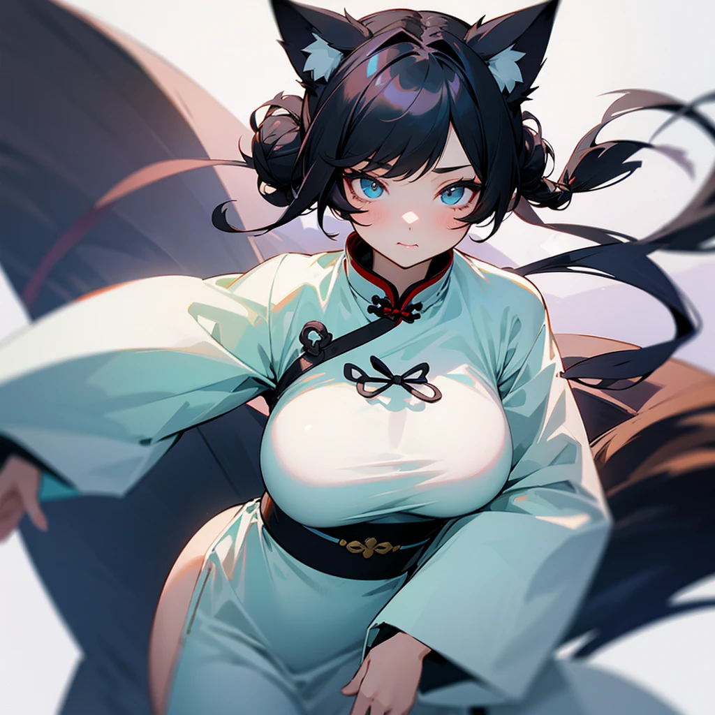 Black Hair、A cute girl with cat eyes, cat ears, and big breasts wearing white Chinese clothing.。Hair in a bun