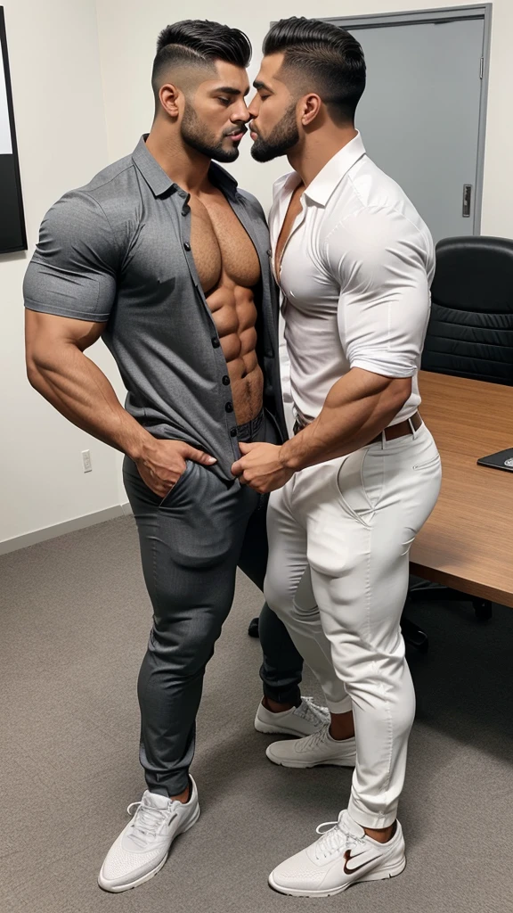 Latino beared muscle hunk, two person in one photo kissing each other mouth to mouth, with big muscled chest, arms, triceps, biceps, wrist, in white formal shirt, grey formal pant, brown formal shoes,  football soccer shoes, sexy hairstyle, handsome face, standing in office, full body, top to bottom, dimple in his face, full body, see with attitude, open shirt showing chest, gay kissing, from above view