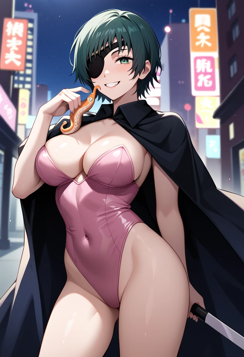 mature female, mature, Adult, himeno, himeno(Chainsaw Man), 1girl, black hair, short hair, eyepatch, solo, seductive smile, grin, nsfw, Villains, chest, holding two small octopus robot, two small octopus robot, View your audience, Night town, City, skyscraper, Night, Dark, latex pink leotard under the black cape, masterpiece, Top animation quality,Top image quality,