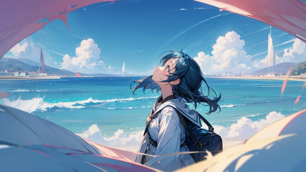 anime style girl looking up at the sky anime style background picture blue sky