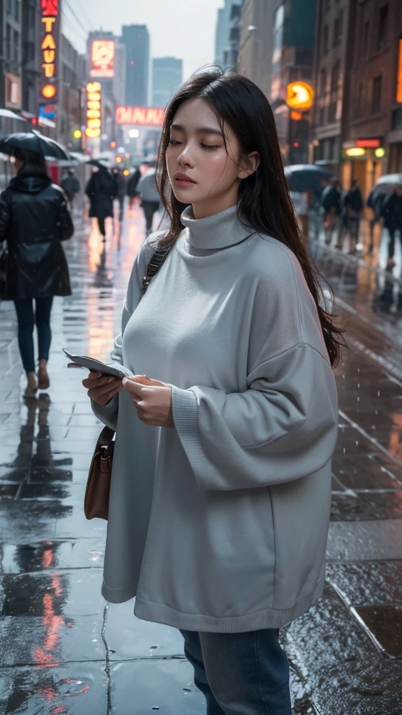 ((Best quality, masterpiece:1.3)), Key Points:1.2, Middle-aged beauty:1.4, Very plump body 1.2, Round Face, (Wet clothes:1.1), (rain, street:1.3), Blue Turtleneck, jeans:1.1, Highly detailed face and skin texture, Delicate eyes, Double eyelids, Skin Whitening, Messy long hair, Blush Blush, Professional lighting, portrait, Photon Mapping, Radio City, Physically Based Rendering, Grommie, sad, Solitary, Crowd noise, Side face without looking at the camera, Melancholy atmosphere, Close your eyes and pray, Full body portrait, 8K