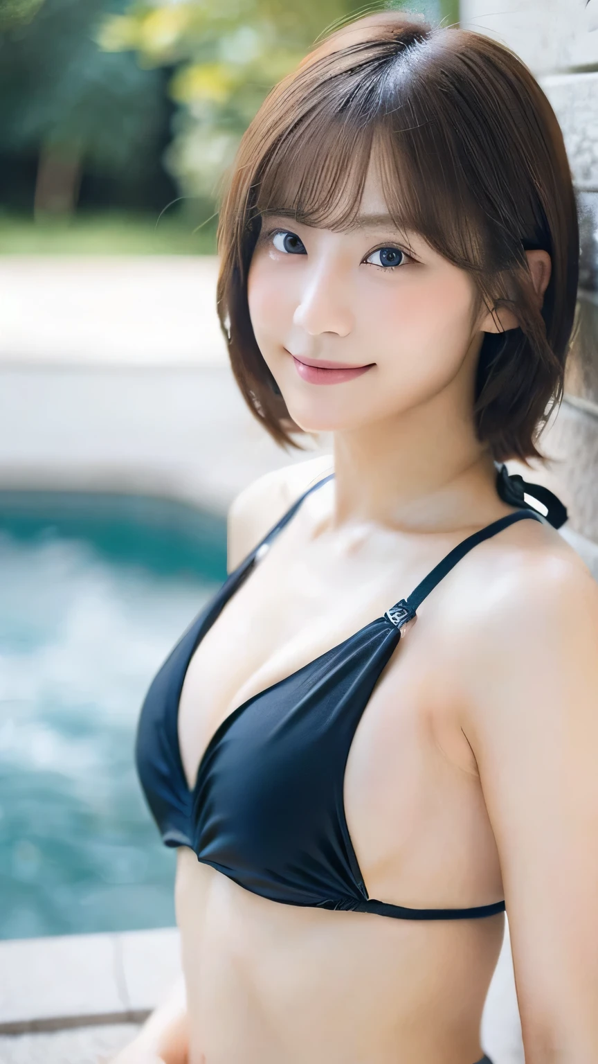 Masterpiece,(8k, RAW photo, best quality, masterpiece:1.2), (realistic, photo-realistic:1.4), (extremely detailed 8k wallpaper), sharp focus, depth of field, blur background, bokeh,Do not split,bathroom,(Japanese Woman),20-year-old woman,short hair,Washing the body with soap:1.5,(well-proportioned body shape:1.5),(bikini: 1.5),The whole body was photographed,sexy poses,smile