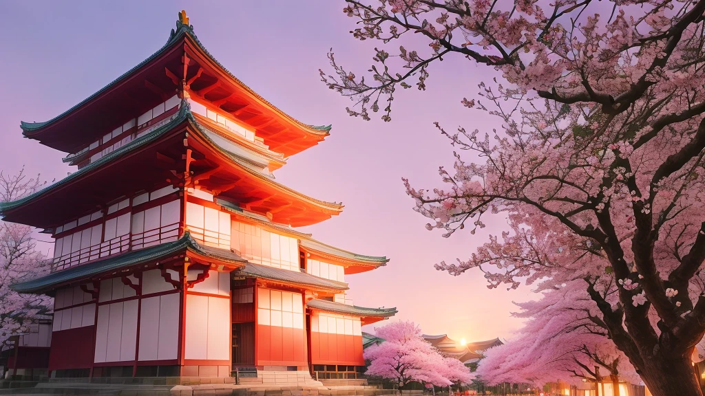 There is a tall building with a tower on top, The aesthetics of travel in Japan, Japanese Temples, cherry blossoms season, cherry blossoms tree in background, cherry blossoms season dynamic lighting, cherry blossoms, Japan Tourism, cherry blossoms bloomimg, Japan Travel and Tourism, Ancient Japanese architecture, Japanese Temples, beautiful photo, cherry blossoms trees, Japan legacy, cherry blossoms, under cherry blossoms tree　Sunset