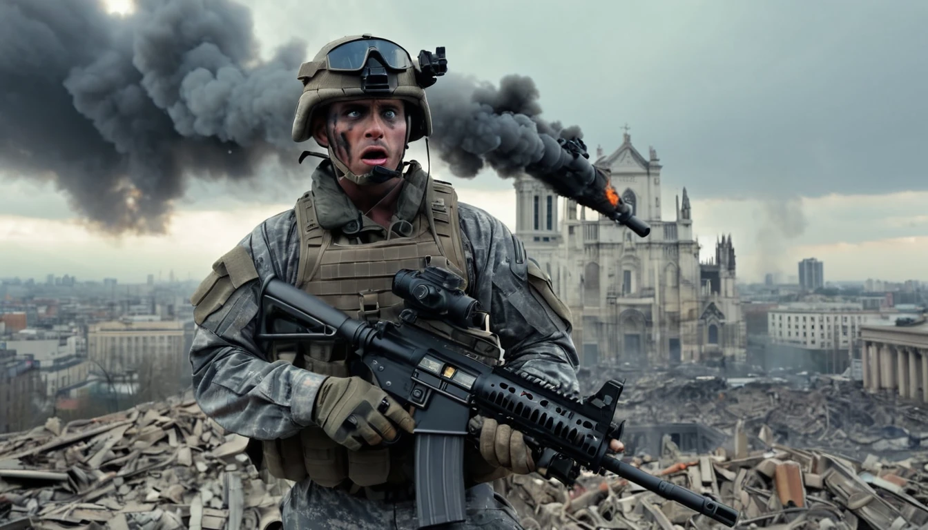 apocalyptic, soldier man with crazy stare, stressful sight, shocked sight, smoke, cloudy gray sky, 4:00 p.m. day time, extremely detailed, masterpiece, the better quality, 8K UHD, close up, face portrait, tactical gear, (perfectly well made and detailed M240 Machine Gun), holding weapon, highly detailed devastated big city background, afternoon a little bit dark atmosphere, volumetric illumination, a lot of books in the ground, visible devastated cathedral with a cross, 