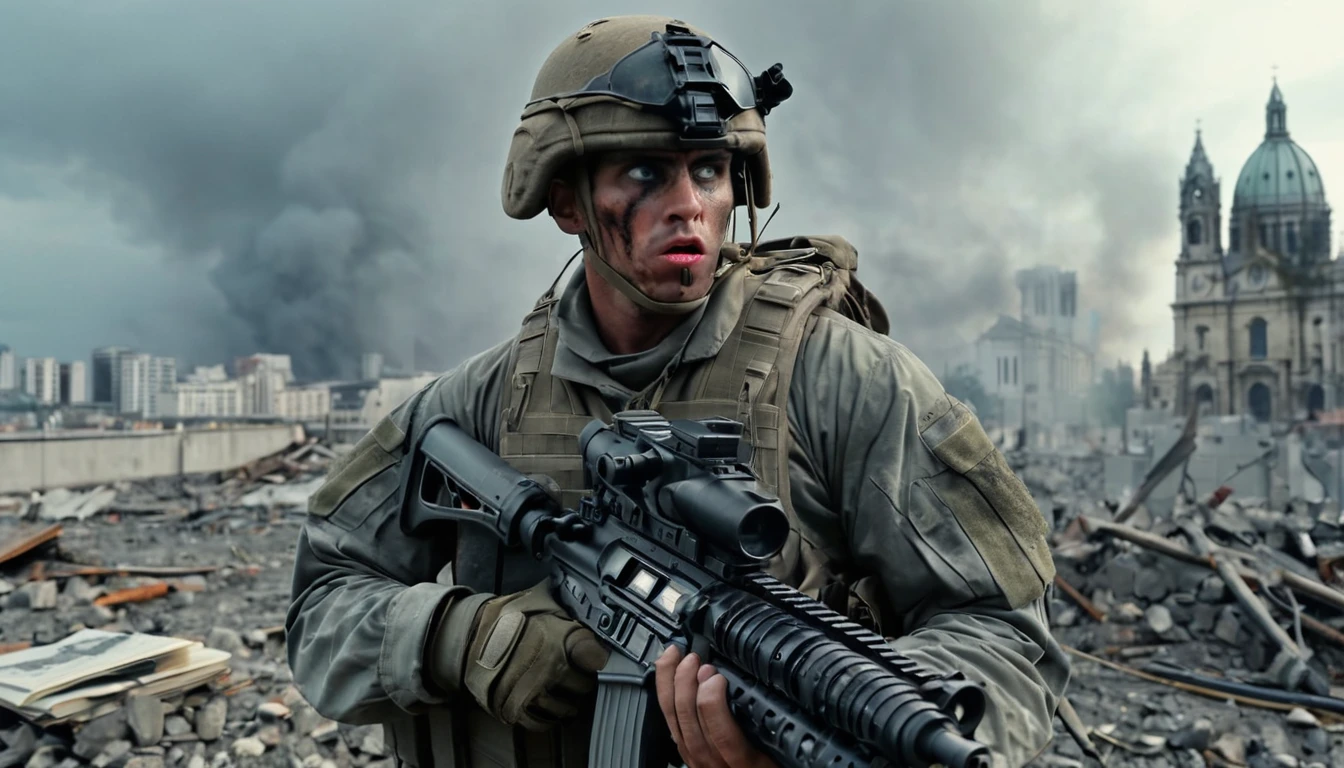 apocalyptic, soldier man with crazy stare, stressful sight, shocked sight, smoke, cloudy gray sky, 4:00 p.m. day time, extremely detailed, masterpiece, the better quality, 8K UHD, close up, face portrait, tactical gear, (perfectly well made and detailed M240 Machine Gun), holding weapon, highly detailed devastated big city background, afternoon a little bit dark atmosphere, volumetric illumination, a lot of books in the ground, visible devastated cathedral with a cross,