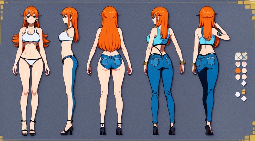 ((Best Quality)), ((Masterpiece)), (((detailed character sheet, frontal view, side view, three quarter view))) white background、one piece、US、whole body、whole bodyイラスト、whole bodyアニメーション、whole bodyリファレンスシート、denim、Tank top、High heels、Swimwear、bikini、original、New World、Long Hair、Orange Hair、Tattoo on left arm、Ring belt、Heighten your head、smile、Cute face、Narrow waist、Long legs、Beautiful feet、9 heads body