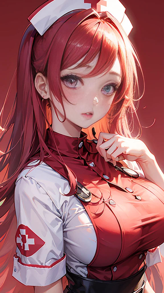 Cute Woman、red_background、big_breasts、Detailed_skin、Detailed_Eye、Detailed_hair、nurse_custom、An illustration、アニメ、POP、vivid