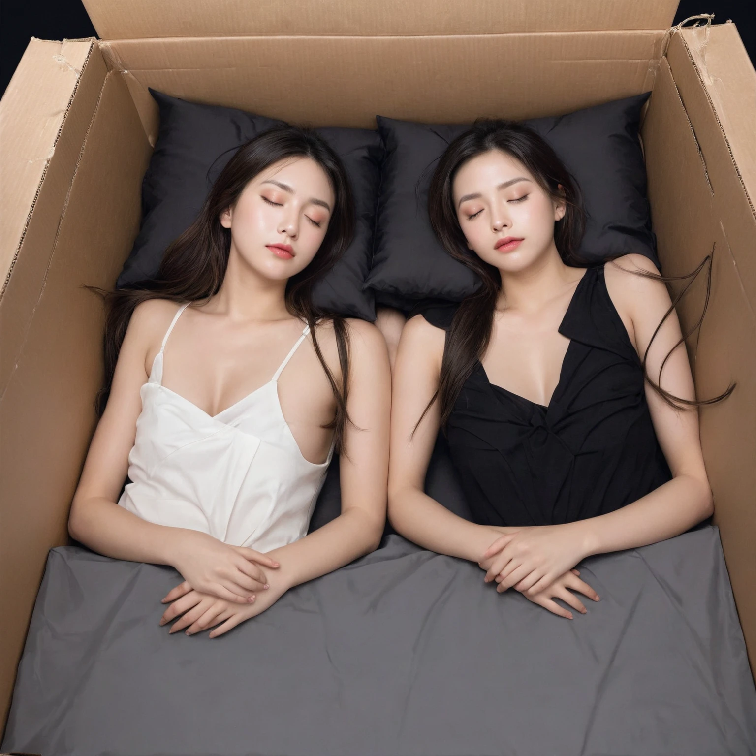 (black box:1.5), (pillows inside the box:1.5), (black background:1.5), 2 girls sleep in the box, (deep box:1.5), Best Quality, Masterpiece, Ultra High Resolution, masterpiece,highest quality,Top,(Woman&#39;s transformation_woman:1),(naked:1.3), (35歳のwoman knight:1.3),、Big and ample breasts　Big big cleavage　,Hyper Real,In a battlefield in medieval Europe,Beautiful smile、British woman、Delicate skin texture to the smallest detail、Detailed blue eyes　(Very big)、(Beautiful middle-aged woman)、(Fluffy long blonde hair)、Dense and dense skin texture、(((Very big)))、woman knight、(((Big big cleavage)))、Richly decorated golden armor、Long gold boots with flashy decorations、Pure gold and jewellery necklaces and collars、Big gold earrings、Red lips、(((Wearing gorgeous golden armor)))、Golden Long Globe、((She has a fancy long sword))、The sword is ornately decorated..........................、((The blade is crimson))、(woman knight)、beautiful eyelashes, breast fixed, (eyebrows fixed), body fixed, (big boobs:1.5), (closed mouth), (realistic armor:1.5), Korean face, 22 years old, (superb embriodery:1.6), (sexy cleavage:1.2), (clean face:1.5) , Saturated colors, More Detail, shiny armor, beautiful face, (closed eyes:1.5), (sleeveless:1.5), (legs straight:1.5), (absolute cleavage:1.5), (visible breast:1.5)