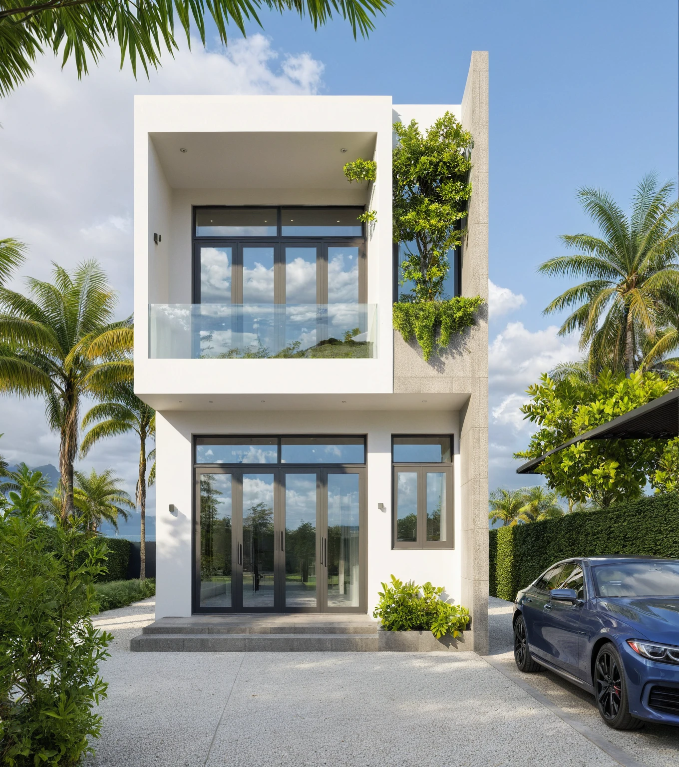 A wide angle shot shows the front view of a contemporary two-story villa with white walls and glass windows, design by Tadao ando,surrounded by lush greenery, adorned with vibrant tropical plants,architecture photography award, iwan baan, Taken on a Canon EOS R5 using a Canon RF 24-70mm f/2.8L IS USM lens at an F3.2 aperture setting in the style of Canon --ar 16:9 --c 5 --s 50 --v 6.0