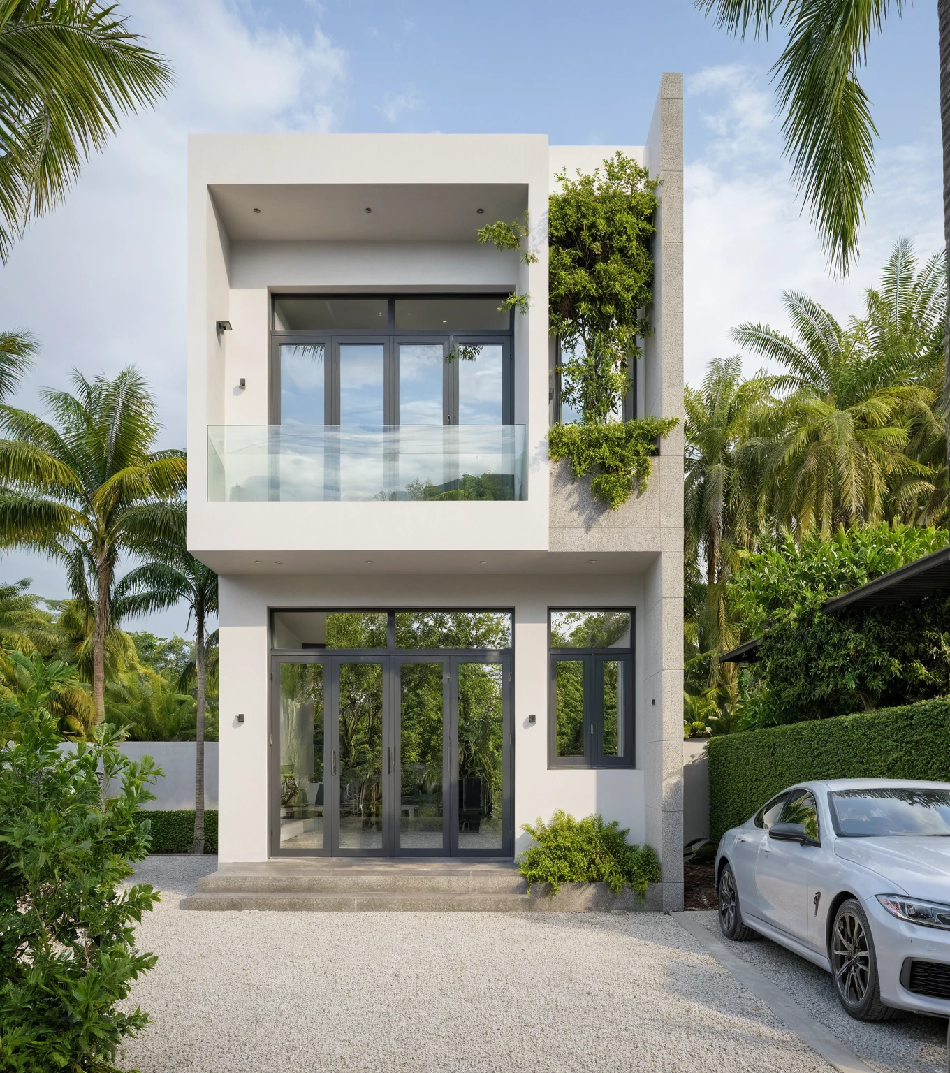 A wide angle shot shows the front view of a contemporary two-story villa with white walls and glass windows, design by Tadao ando,surrounded by lush greenery, adorned with vibrant tropical plants,architecture photography award, iwan baan, Taken on a Canon EOS R5 using a Canon RF 24-70mm f/2.8L IS USM lens at an F3.2 aperture setting in the style of Canon --ar 16:9 --c 5 --s 50 --v 6.0