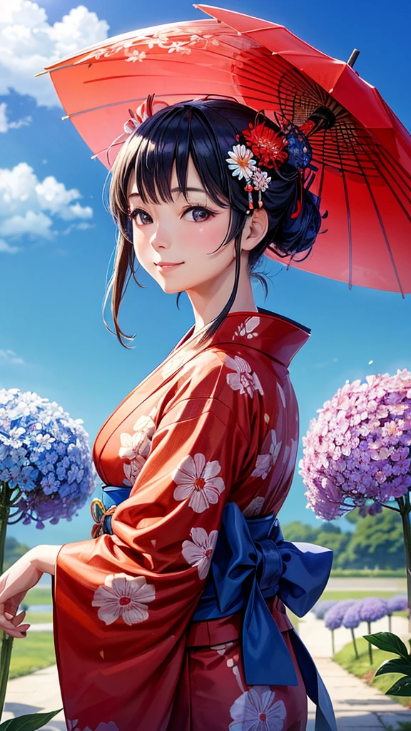 Japanese kimono Girl,Red yukata,smile,blue sky,Background daisy Apparition blue sky,Best Quality, Masterpiece, Ultra High Resolution, (Realisticity: 1.4), Original Photo, Cinematic Lighting,butterflyBackground,A kimono with a hydrangea pattern,blue sky