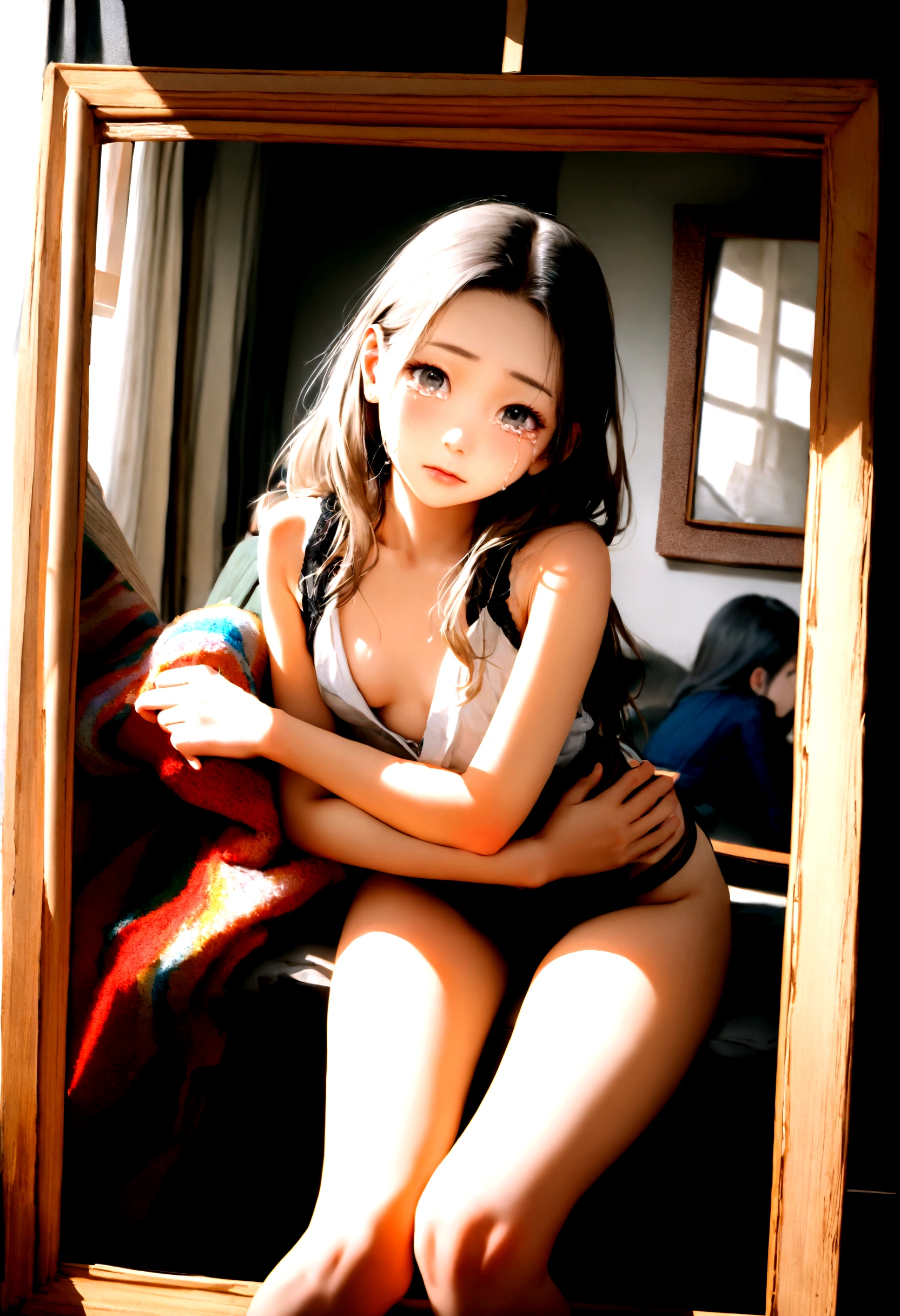 whole body,High resolution,Super detailed,Intricate details,Beautiful Faces,,girl,Crime Slender,colorful,reality,Real,Hola,Perfect Face, Perfect hands, Perfect Legs,Small breasts,front,Both knees,Leg spread,tears,Looking into the camera,sexy,Japanese,secret,Raw photo,Girl,canvas, Oil, Genuineistic, reality主義者 ,Genuine