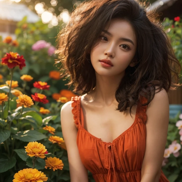 Close-up photo, Southeast Asian women with round faces, long hair,black eyes,abdominal muscles, The body is beautiful and strong., thick hips, Outdoors in the countryside, old shabby thatched hut, There are flowers around the hut., Warm light, The morning sun shines beautifully., (digital painting, HDR, high contrast), 3d, 8K, 45,000,000 pixcls,