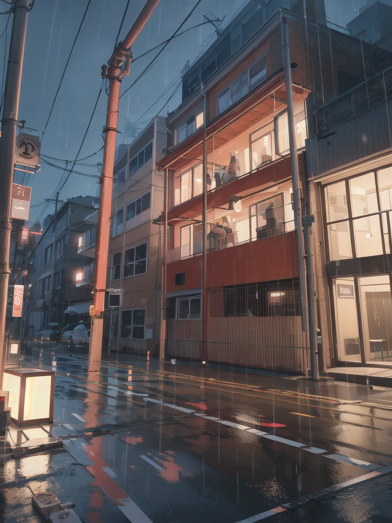 Outdoor,night,rain,A lot of steel beams in the shape of a building,A brown rope hangs down from a red hole on the roof to the ground. 