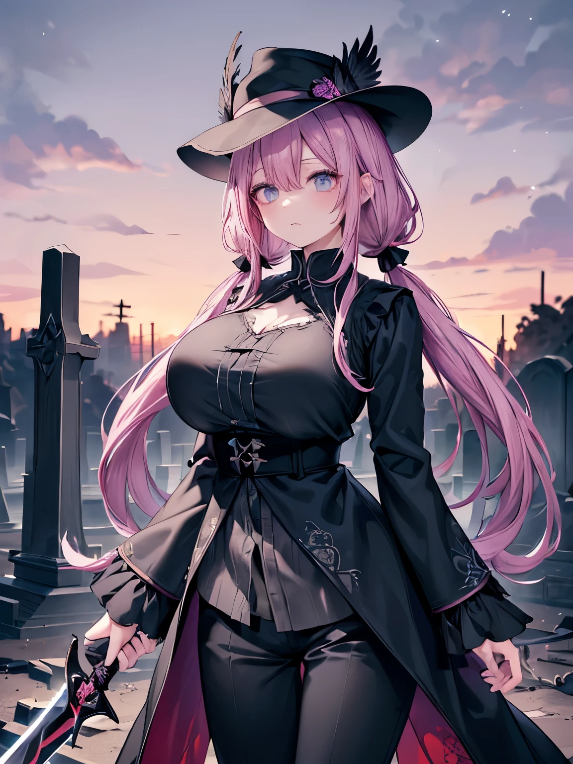 Best Quality,Detailed and cute eyes,Very cute face,(Solo Girl),(gigantic breasts:1.4),(Pink hair),(low twintails:1.6),Big light blue eyes,View Viewer,BREAK,(middle agesの衣装,Long full-length black coat with intricate embroidery,Black shirt,Black Pants,Black hunter hat,Tattered and torn clothes,Slender sword:1.5),(midnight,Dark Background,middle ages,Collapsed ruins and cemetery,Flock of crows),Dark fantasy style,Cowboy Shot,(Dynamic Angle)