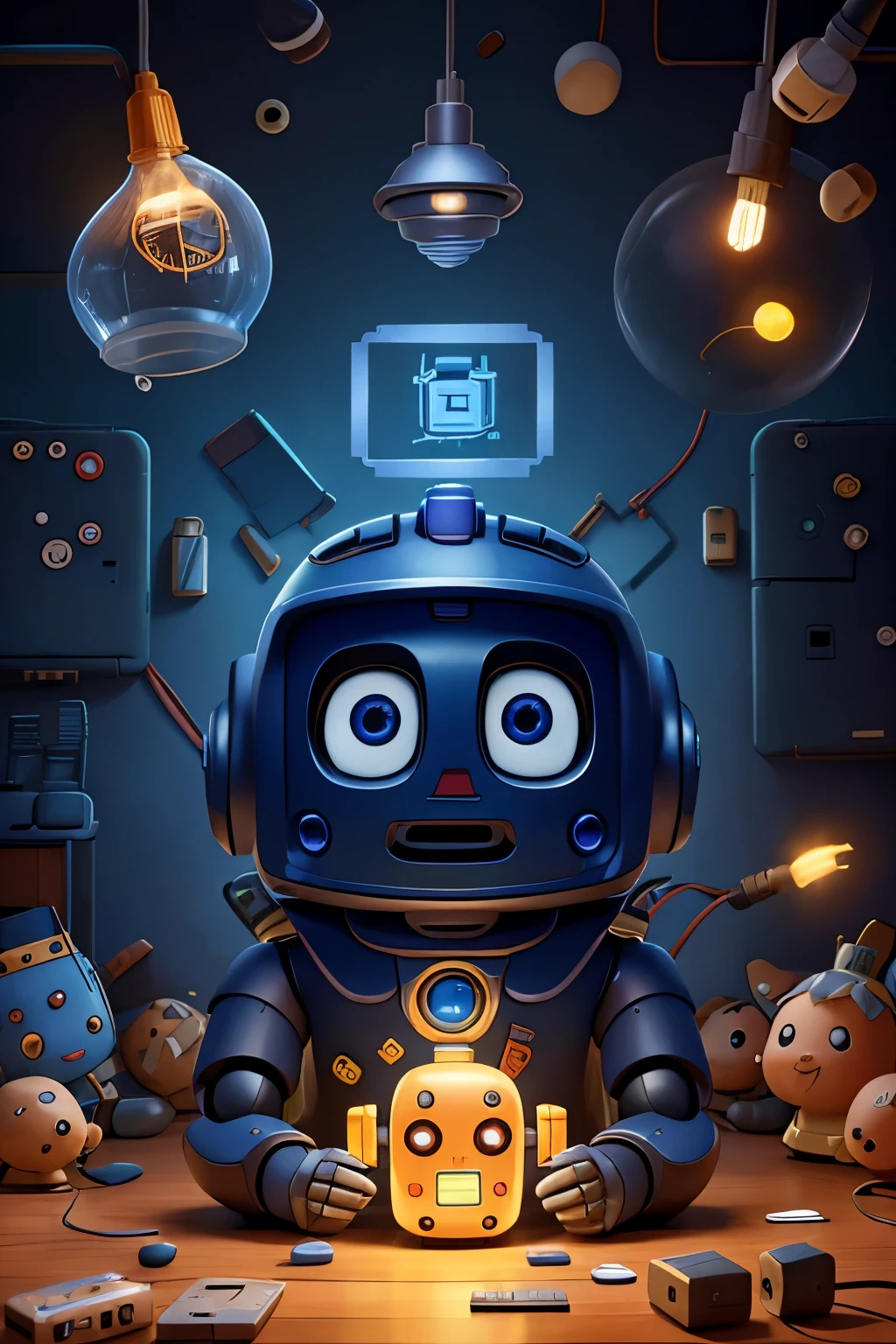 Birthday invitation that features a robot, villany, piles, radioactivity, motherboard, RAM memory, Machines, Blander, light bulb