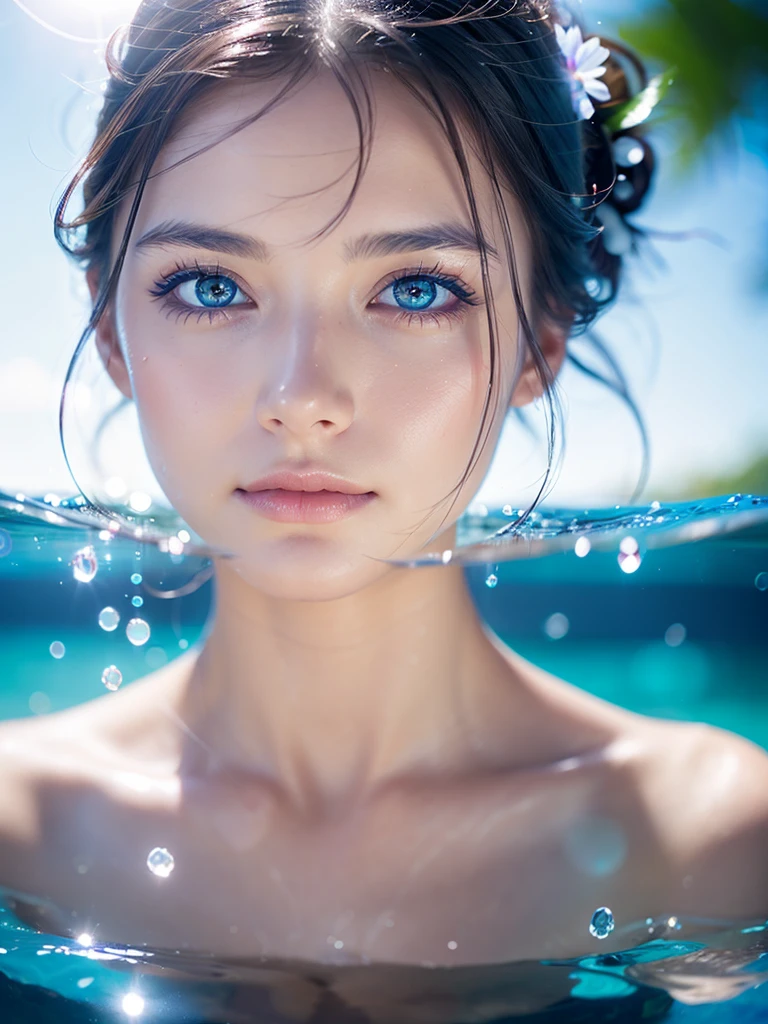 A  beautiful woman with dreamy blue cornflower eyes, perfect depth of field, lovely lens flare accents, extremely detailed facial features, a beautiful background with a transparent water surface and floating water droplets, a stunning photograph capturing the beauty of the woman and the water.