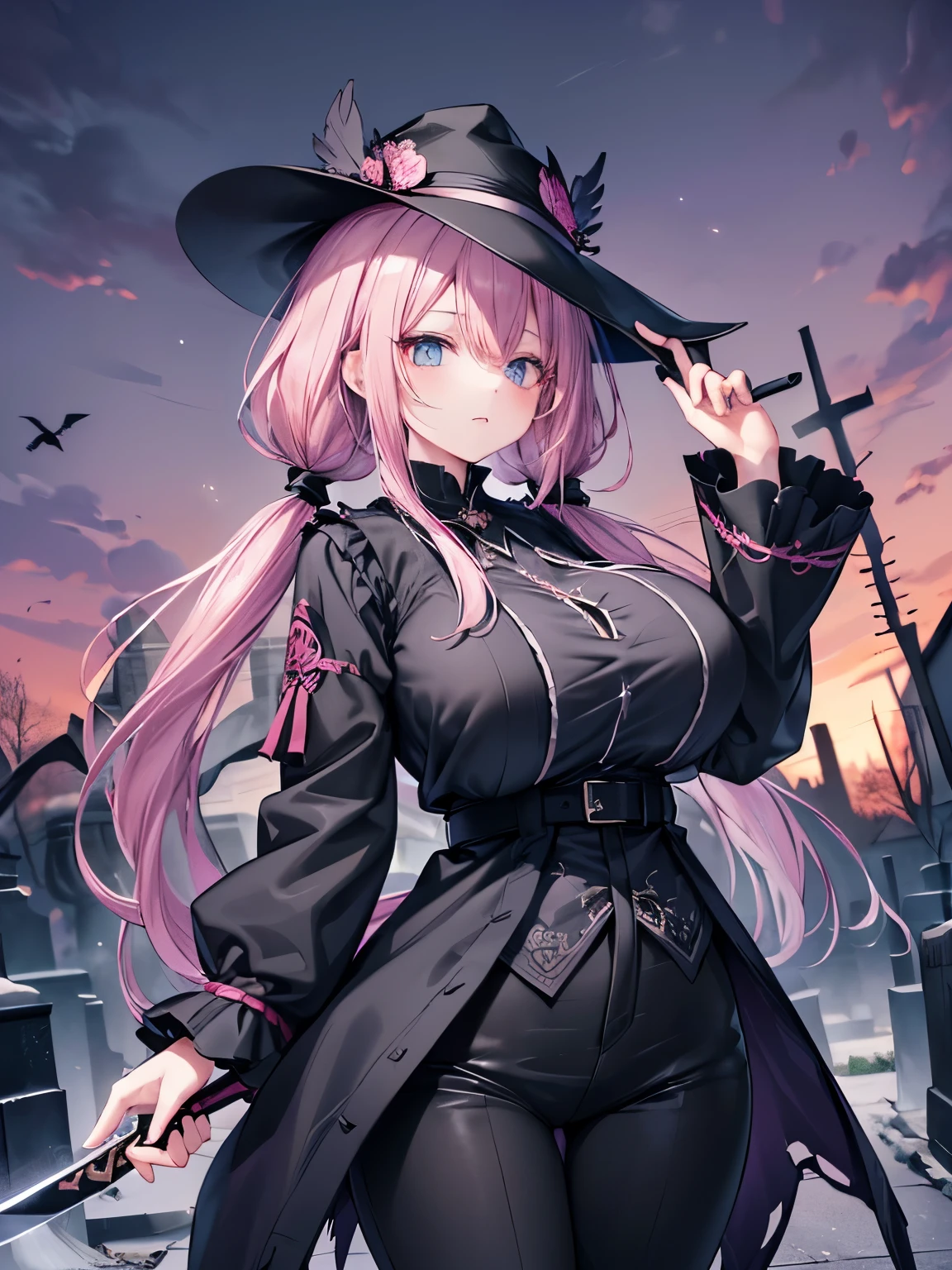 Best Quality,Detailed and cute eyes,Very cute face,(Solo Girl),(gigantic breasts:1.4),(Pink hair),(low twintails:1.6),Big light blue eyes,View Viewer,BREAK,(middle agesの衣装,Long full-length black coat with intricate embroidery,Black shirt,Black Pants,Black hunter hat,Tattered and torn clothes,Slender sword:1.5),(midnight,Dark Background,middle ages,Collapsed ruins and cemetery,Flock of crows),Dark fantasy style,Cowboy Shot,(Dynamic Angle)
