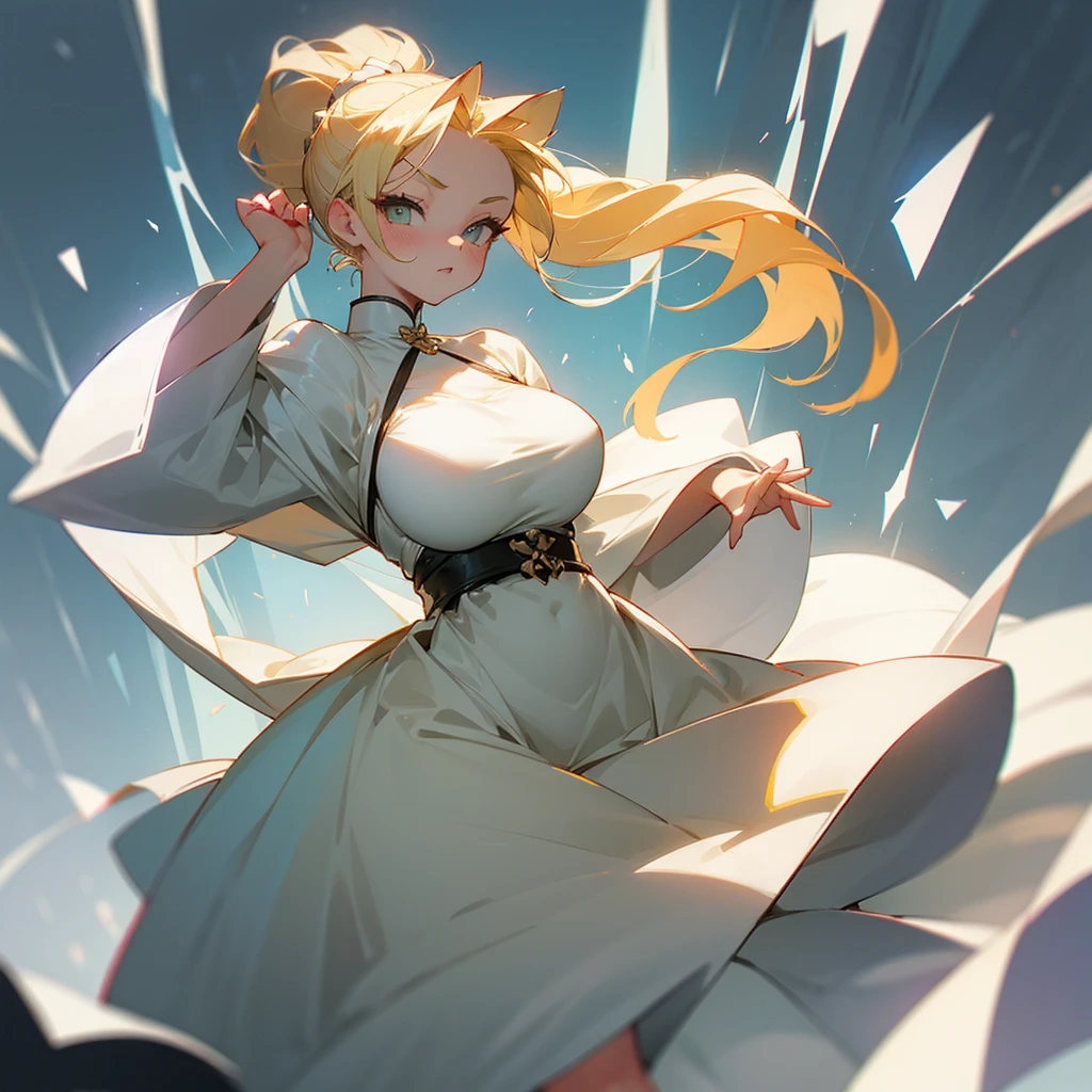 Blonde cat eyes, ponytail hairstyle。The outfit is a cute girl with big breasts in a white dress.。