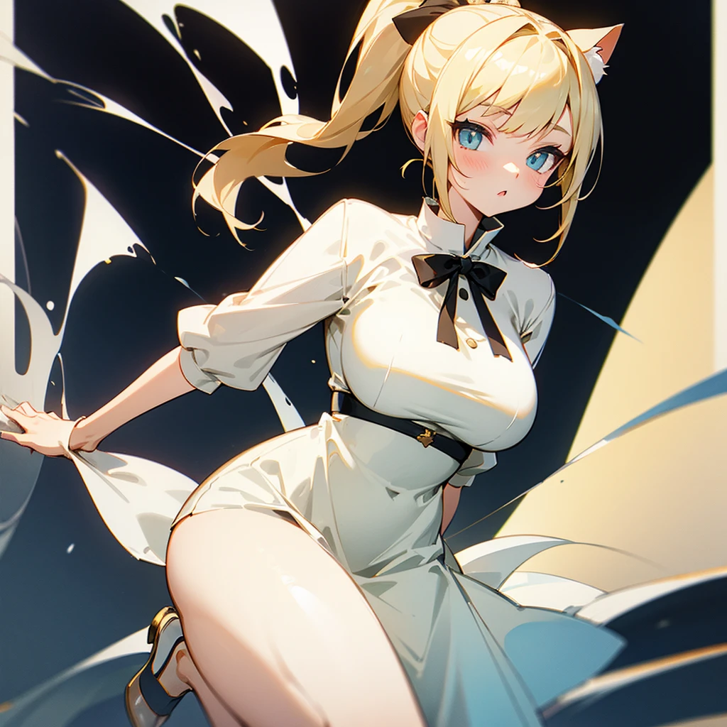 Blonde cat eyes, ponytail hairstyle。The outfit is a cute girl with big breasts in a white dress.。