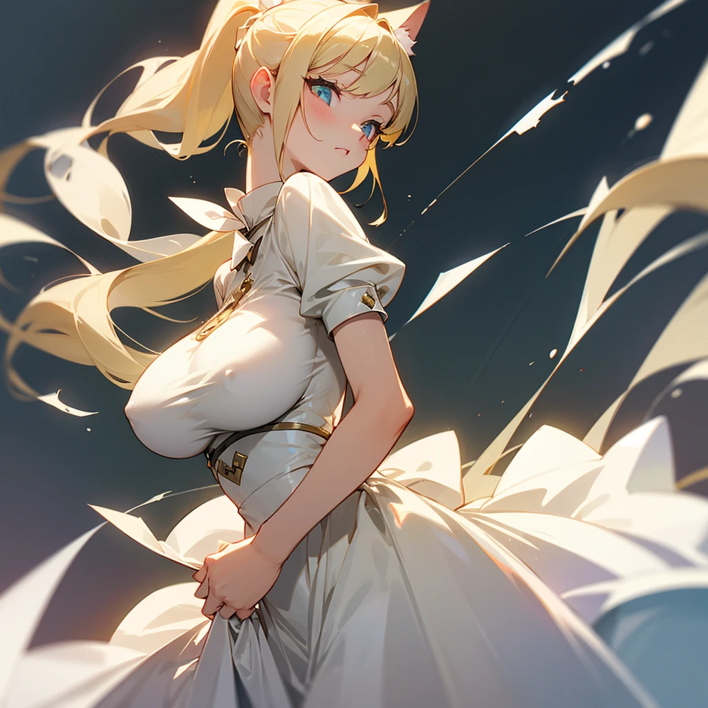 Blonde cat eyes, ponytail hairstyle。The outfit is a cute girl with big breasts in a white dress.。