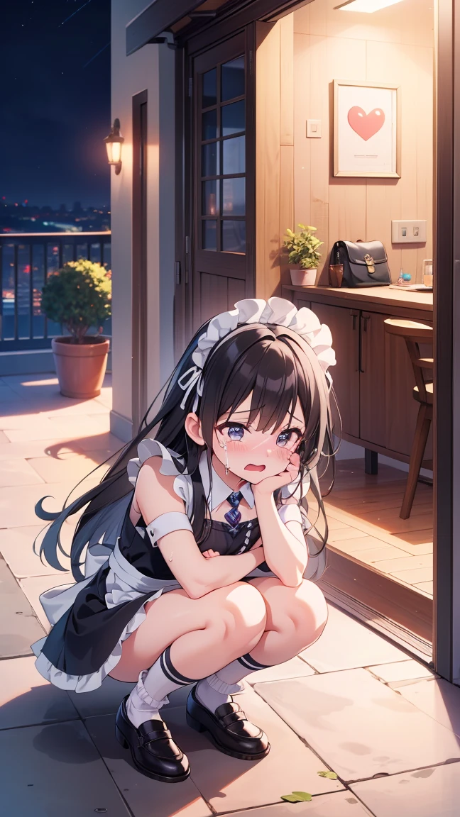 (Highest quality), (masterpiece), 1080P, High resolution, 4K, 8K, Maid clothes, Heart hole in chest, cry, They hesitate, run away, Are crying, socks, bag, Long black hair, squat, Apartment, At the door, Outdoor, night