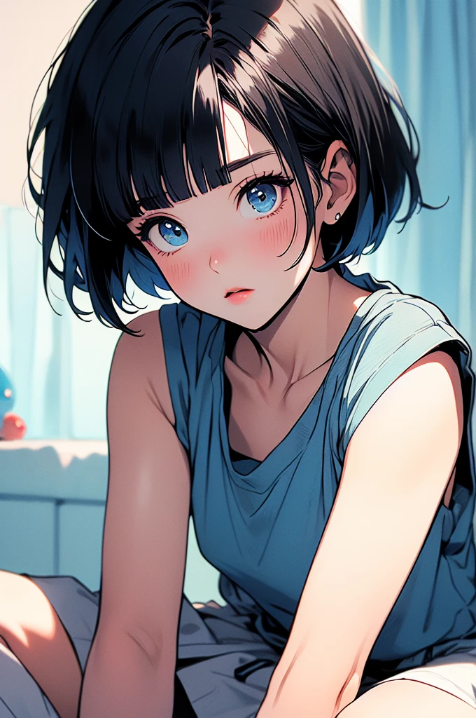 manga style, classical, art by akira toriyama, (1girl) ,((lomg black hair with pastel blue highlights, hime cut, blunt bangs)), white shirt, black vest, gray maxi mini skirt, sparkling eyes, crystal blue eyes, laying in bed ,bedroom background, detailed bedroom,blush