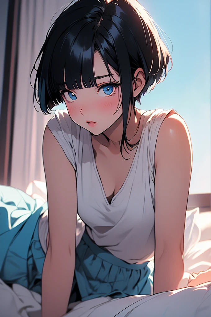 manga style, classical, art by akira toriyama, (1girl) ,((lomg black hair with pastel blue highlights, hime cut, blunt bangs)), white shirt, black vest,  gray maxi mini skirt, sparkling eyes, crystal blue eyes, laying in bed ,bedroom background, detailed bedroom,blush