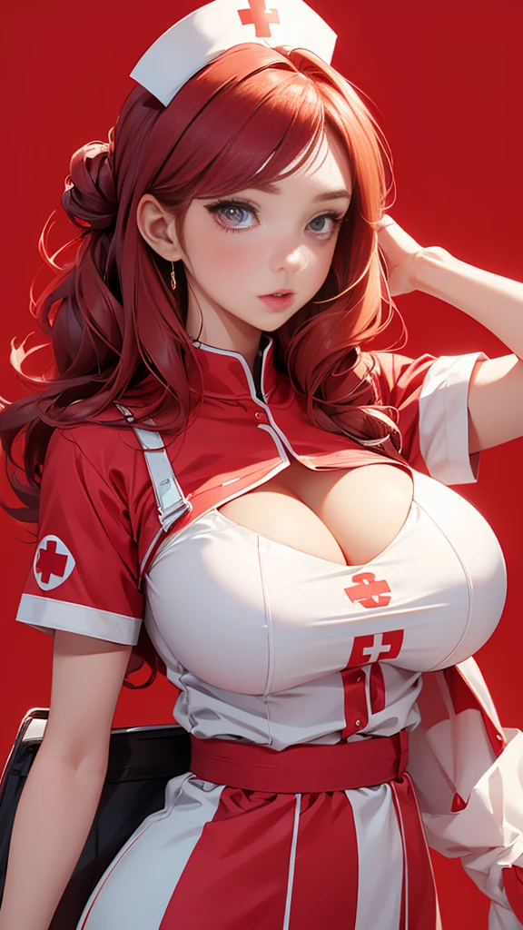 Cute Woman、red_background、big_breasts、Detailed_skin、Detailed_Eye、Detailed_hair、nurse_custom、An illustration、アニメ、POP、vivid