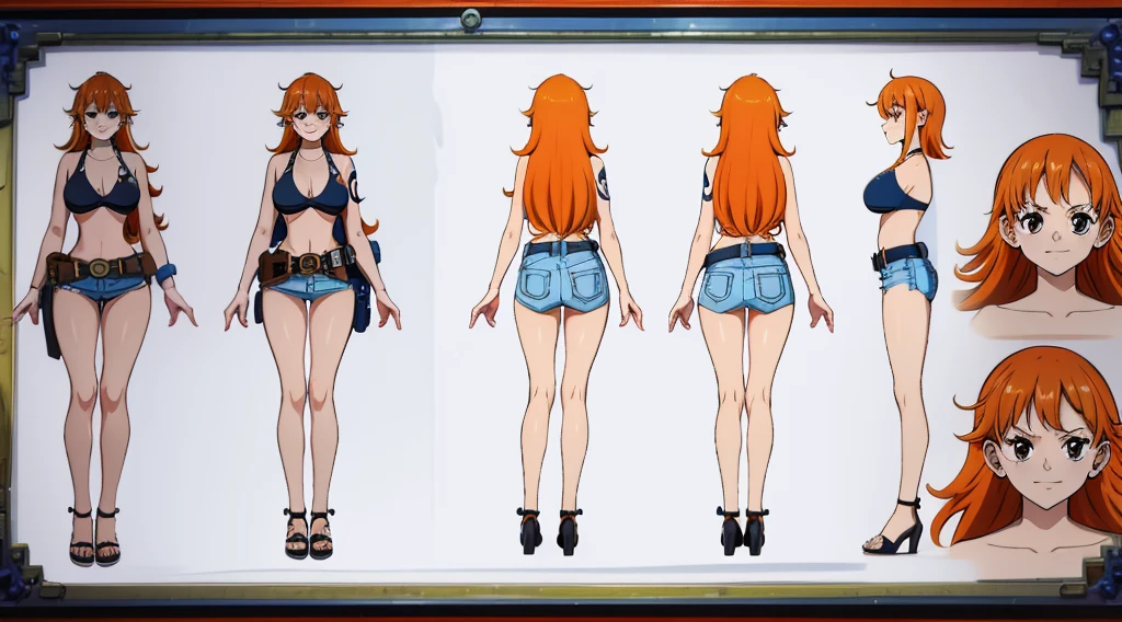 ((Best Quality)), ((Masterpiece)), (((detailed character sheet, frontal view, side view, three quarter view))) white background、one piece、US、whole body、whole bodyイラスト、whole bodyアニメーション、whole bodyリファレンスシート、denim、Tank top、High heels、Swimwear、bikini、original、New World、Long Hair、Orange Hair、Tattoo on left arm、Ring belt、Heighten your head、smile、Cute face、Narrow waist、Long legs、Beautiful feet、9 heads body