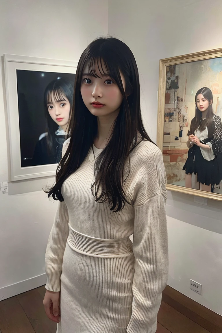 A young Japanese idol in an art gallery, wearing a tight dress. She is standing next to a sculpture, looking thoughtfully at the art while giving the camera a seductive glance. The background features various pieces of art and a sophisticated gallery setting. Highly detailed, realistic, intellectual yet alluring atmosphere.