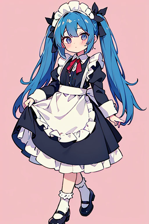 One woman,hair_Rich blue,Twin tails,big tail,apron_strawberry,Classic Maid,long,eye_Magenta,socks_white,pumps_black