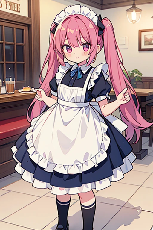 One Girl,Cafe Waitress,hair_Rich blue,Twin tails,big tail,apron_strawberry,Classic Maid,long,eye_Magenta,socks_white,pumps_black