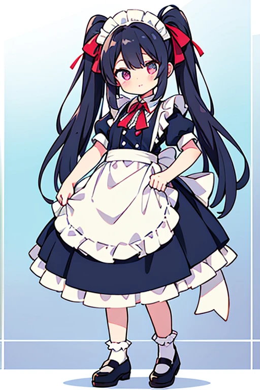 One Girl,Cafe Waitress,hair_Rich blue,Twin tails,big tail,apron_strawberry,Classic Maid,long,eye_Magenta,socks_white,pumps_black
