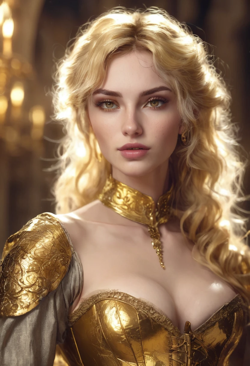1 woman, 25 year old adult face, inside a medieval castle, wearing elegant medieval gold corset, detailed facial features, golden and feminine eyes, literally gold colored skin, woman with skin made of gold, detailed, shiny gold colored hair very long and messy gold, strong and slightly purposeful expression, dramatic lighting, cinematic composition, warm and gloomy palette, atmospheric haze, pretty face, thin chin, beautiful woman with attractive body (best quality, 4K, 8K, high resolution, art: 1.2), ultra-detailed, (realistic, photorealistic, photorealistic: 1.37)