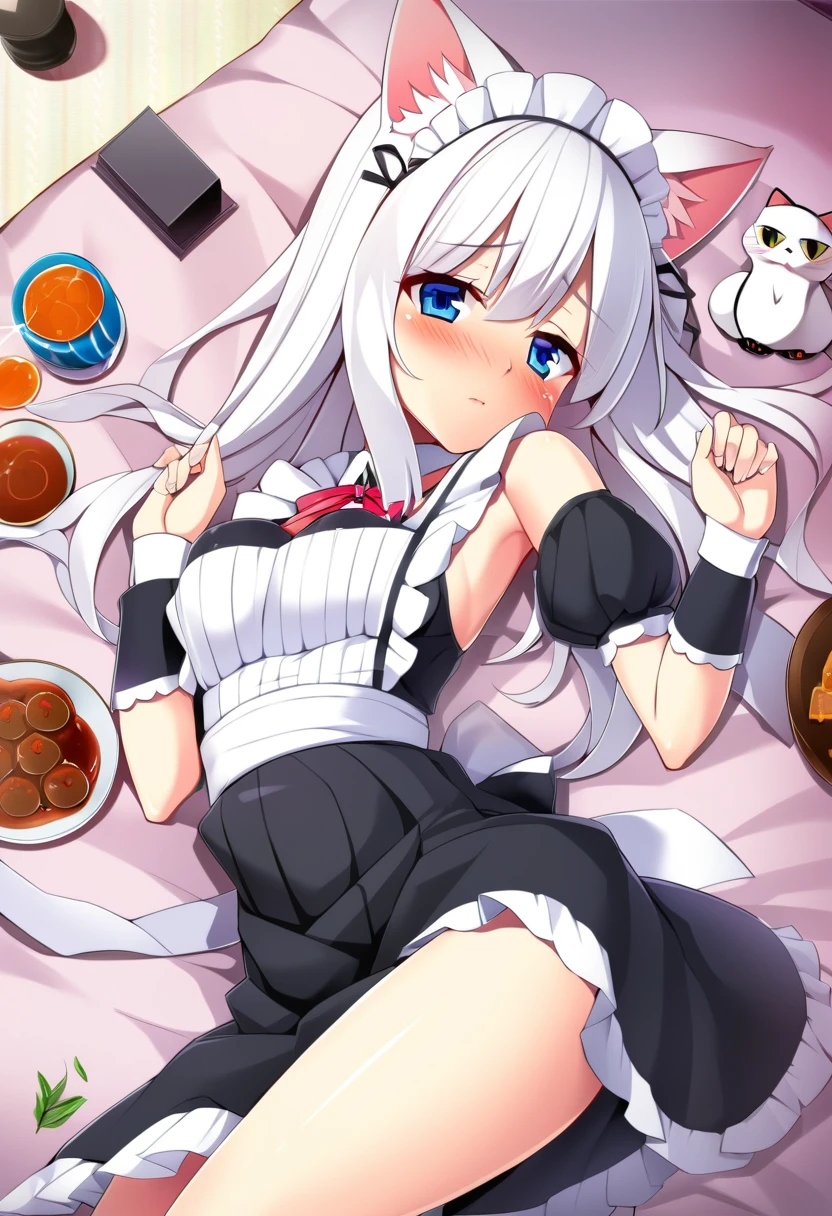 one girl, white cat ears, white hair, naive, aphrodisiac, maid, from above, light blue eyes, blush, lying on bed, pure, nsfw