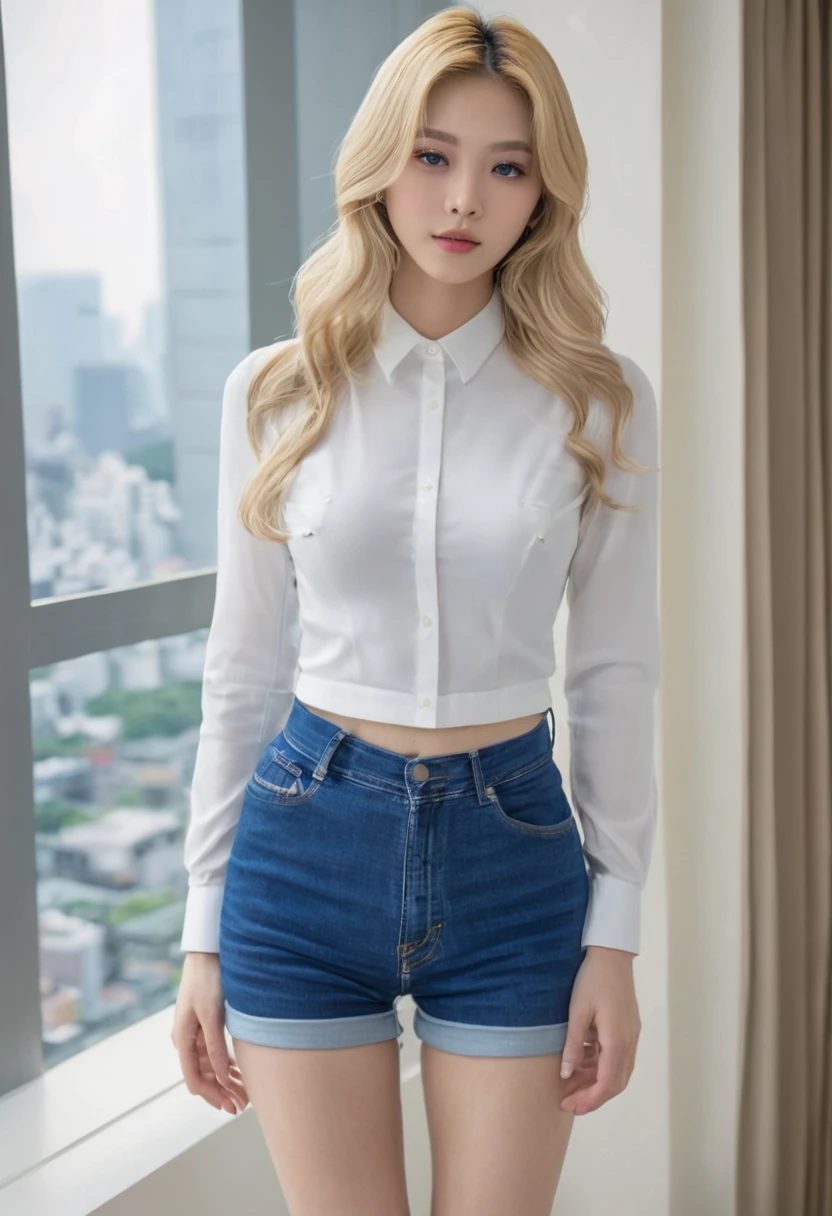 (((European Caucasian Woman)))、(((Mary, 18 years old)))、one person、(Thin contours、blue Eye)、(Thin contours)、(Big Breasts:1.5)、Narrow waist、(((White and translucent skin:1.3)))、Beautiful, shiny blonde medium-long hair、8-head-tall model style、Waist-down angle、Tokyo city、Full body focus