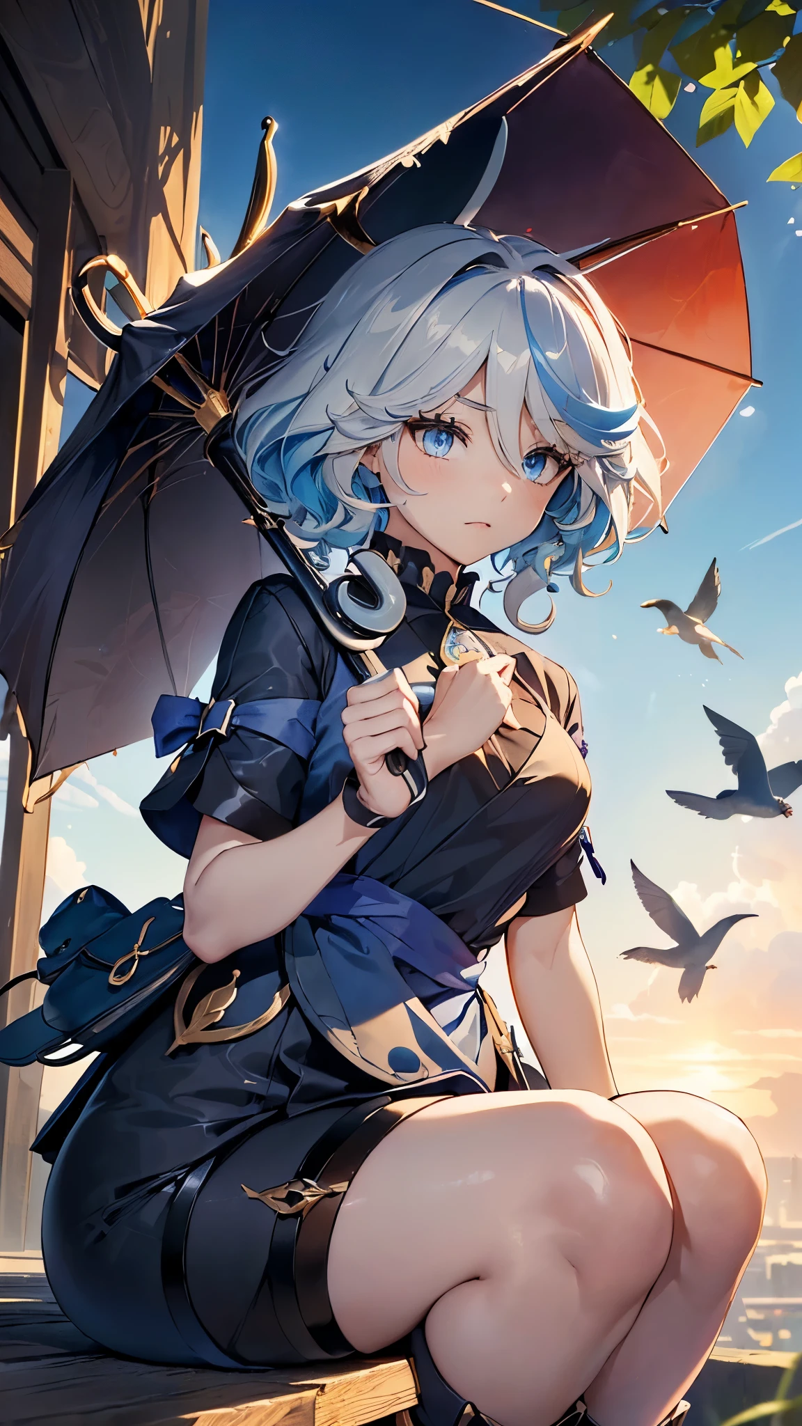 Above the Clouds of a Jumping Cat-Eared Boy、Short Hair、Black glossy hair、Curly hair on the outside、Gold and blue eyes、Black and grey string choker with bells、((big leaf umbrella)of((Have)))Jump between the clouds、Blue short sleeve、jumpsuit with shorts、Brown waist pouch、Red boots、One is wearing、One is coming off、Yellow Small(A bird is perched on top of my head)