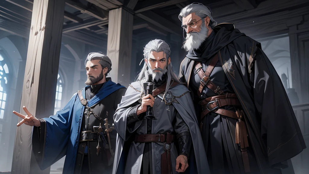 Wizard, male, grey hair, medium length hair slicked back, close trimmed beard, grey beard, grey wizard robes, rogue belts with thieves tools and arcane trinkets attached, conjuring blue magic sigil in air above hand, 