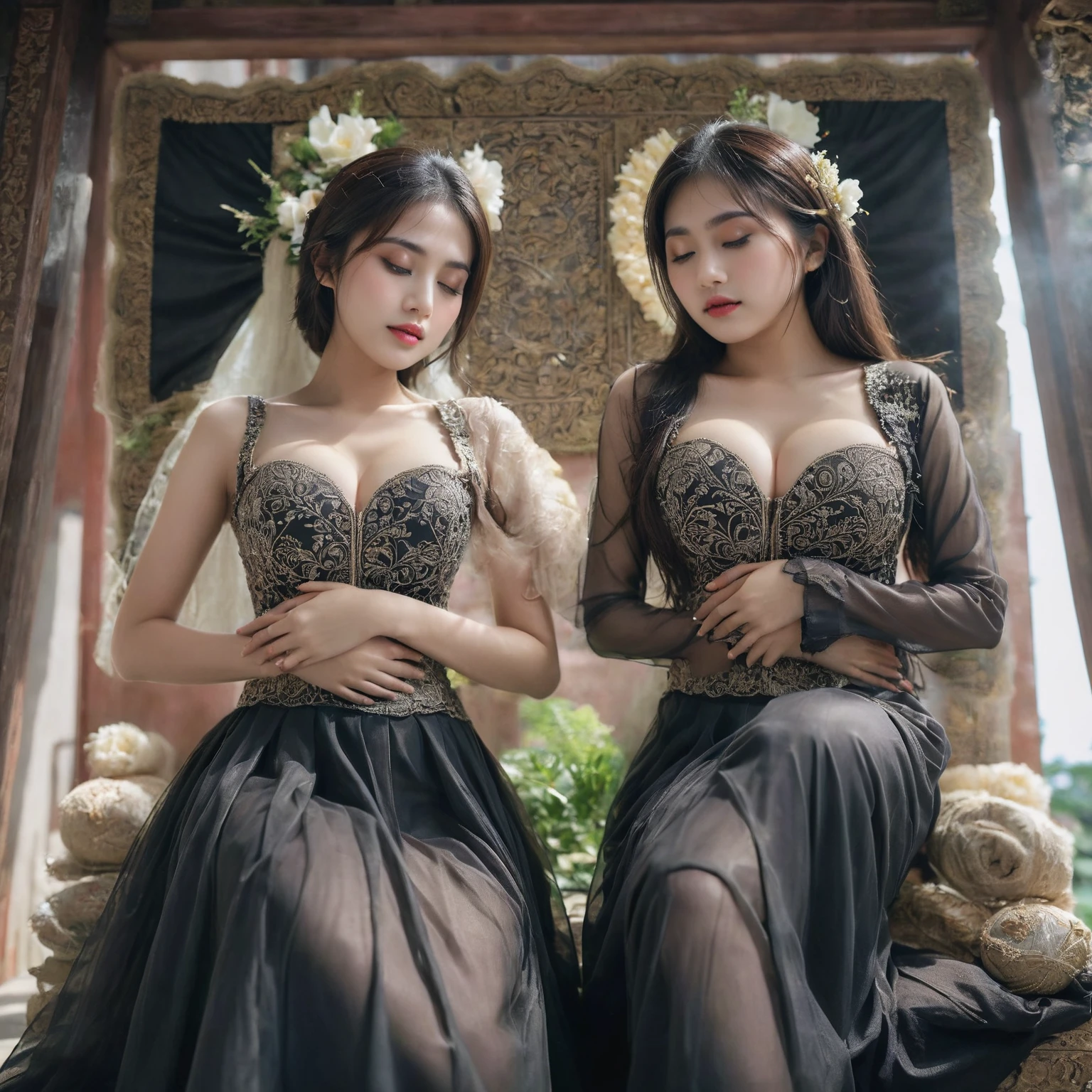 (black box:1.5), (pillows inside the box:1.5), (black background:1.5), 2 girls sleep in the box, (deep box:1.5), Best Quality, Masterpiece, Ultra High Resolution, Illustrate a beautiful girl close up dressed in kebaya, set against the backdrop of a Balinese temple. Ensure that the image is photorealistic and of top-quality 8K HDR, capturing every intricate detail of the scene.,kebaya,kebaya indonesia,p3rfect ,cleavage, round breast, beautiful eyebrows, beautiful breast, beautiful eyelashes, breast fixed, (eyebrows fixed), body fixed, (big boobs:1.5), (closed mouth), Korean face, 22 years old, (superb embriodery:1.6), (sexy cleavage:1.2), (clean face:1.5) , Saturated colors, More Detail, beautiful face, (closed eyes:1.5), (sleeveless:1.5), (legs straight:1.5), (absolute cleavage:1.5), (visible breast:1.5), (big skirt:1.5), (ball skirt:1.5)
