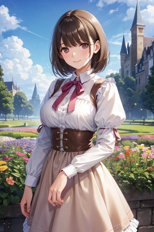 anegasaki nene、Shiny brown hair, short hair, (Beautiful brown eyes、Sparkling eyes, Fine grain)、smile、Ultra-detailed eyes、Highly detailed face, Highly detailed eyes,


(high quality, High resolution, Fine details), Realistic,Cowboy Shot、

((最high quality, masterpiece)), One girl, Princess Pink Dress, Flowers, , Outdoor, Clouds in the background,Fantasy, Medieval, Castle in the background 