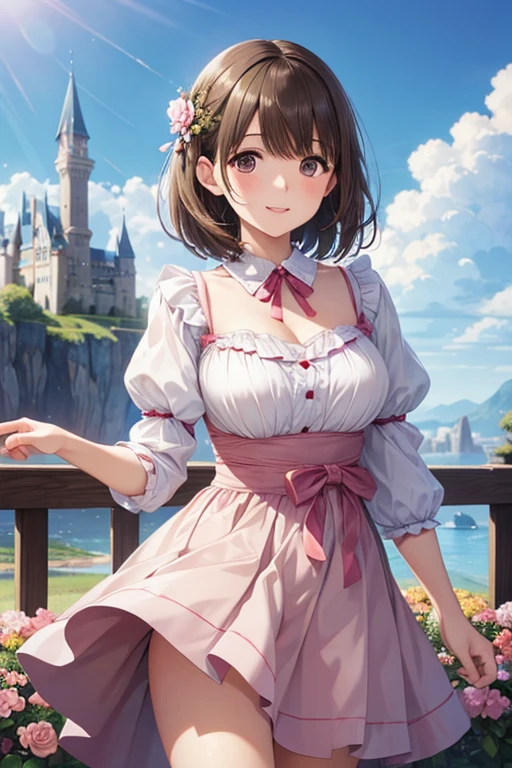 anegasaki nene、Shiny brown hair, short hair, (Beautiful brown eyes、Sparkling eyes, Fine grain)、smile、Ultra-detailed eyes、Highly detailed face, Highly detailed eyes,


(high quality, High resolution, Fine details), Realistic,Cowboy Shot、

((最high quality, masterpiece)), One girl, Princess Pink Dress, Flowers, , Outdoor, Clouds in the background,Fantasy, Medieval, Castle in the background 
