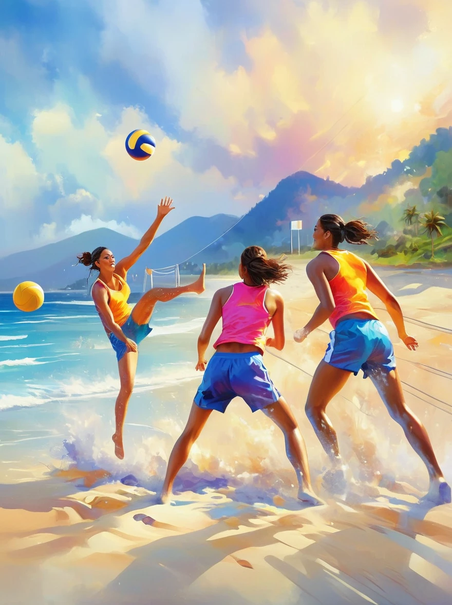 A group of energetic young people playing beach volleyball，on the beach，ocean，islands，Sunset，Prime Time，Nostalgia，memory，Sportswear，hapiness，Smile，(Oil painting style，charming，Vivid colors), (Best quality，8K，high resolution，masterpiece)，Ultra-detailed