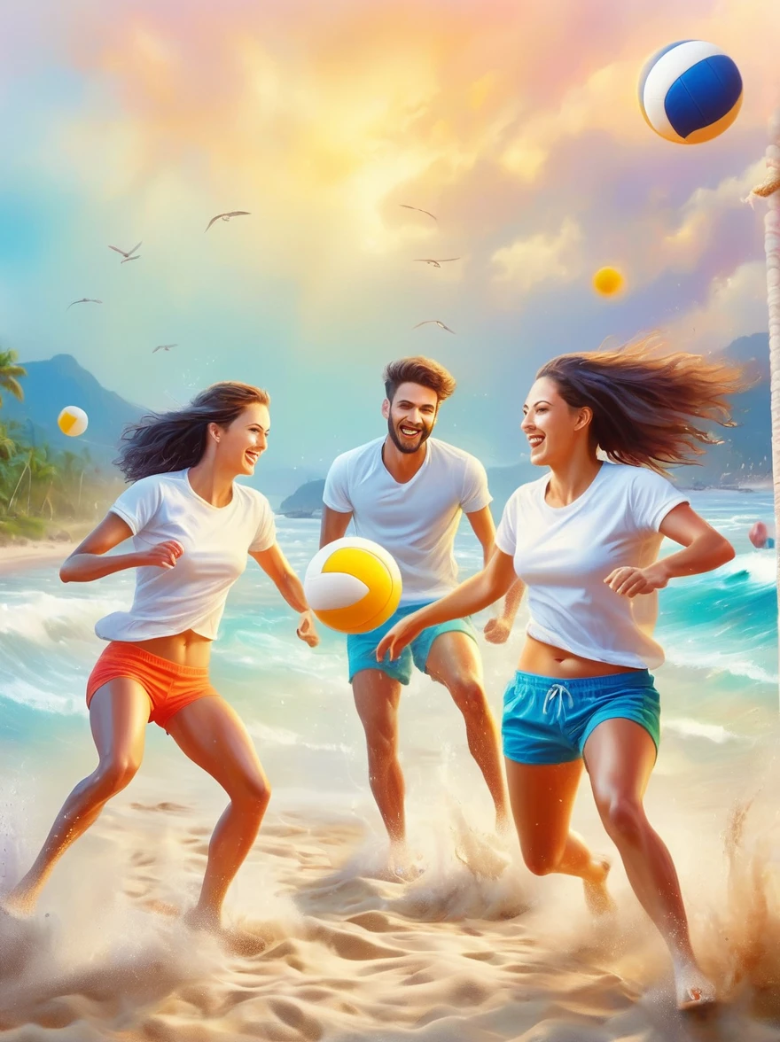 A group of energetic young people playing beach volleyball,on the beach,ocean,islands,Sunset,Prime Time,Nostalgia,memory,Sportswear,hapiness,Smile,(Oil painting style,charming,Vivid colors), (Best quality,8K,high resolution,masterpiece),Ultra-detailed