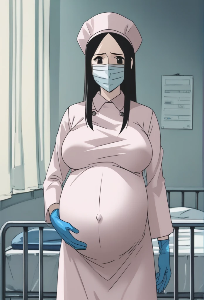 score_9, score_8_up, score_7_up, source_anime, raw image, masterpiece, highest quality, natural light, patient room background, kasuganoray, pale skin, worried eyes, there is sweat all over the body, long black hair, big breasts, scrubs, surgical mask, surgical cap, long sleeve maternity dress, seamless, tits, navel head,
1girl, pregnant, solo, long rubber gloves, looking down, furrowed brow, hospital bed, standing, patient room divider, abdominal pain near giving birth
