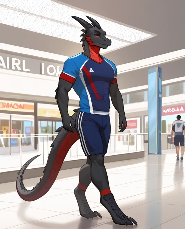 Score_9, score_8_up, an anthro dragon male, tall, athletic body, black dragon male, (black scaley body):1.3, red secondary color on body black scales, black dragon, red eyes, he is wearing a blue sports jersey, dragon feet, digitigrade, walking in a strip mall, looking to his left at other character, he is with an Anthro furry female cat girl