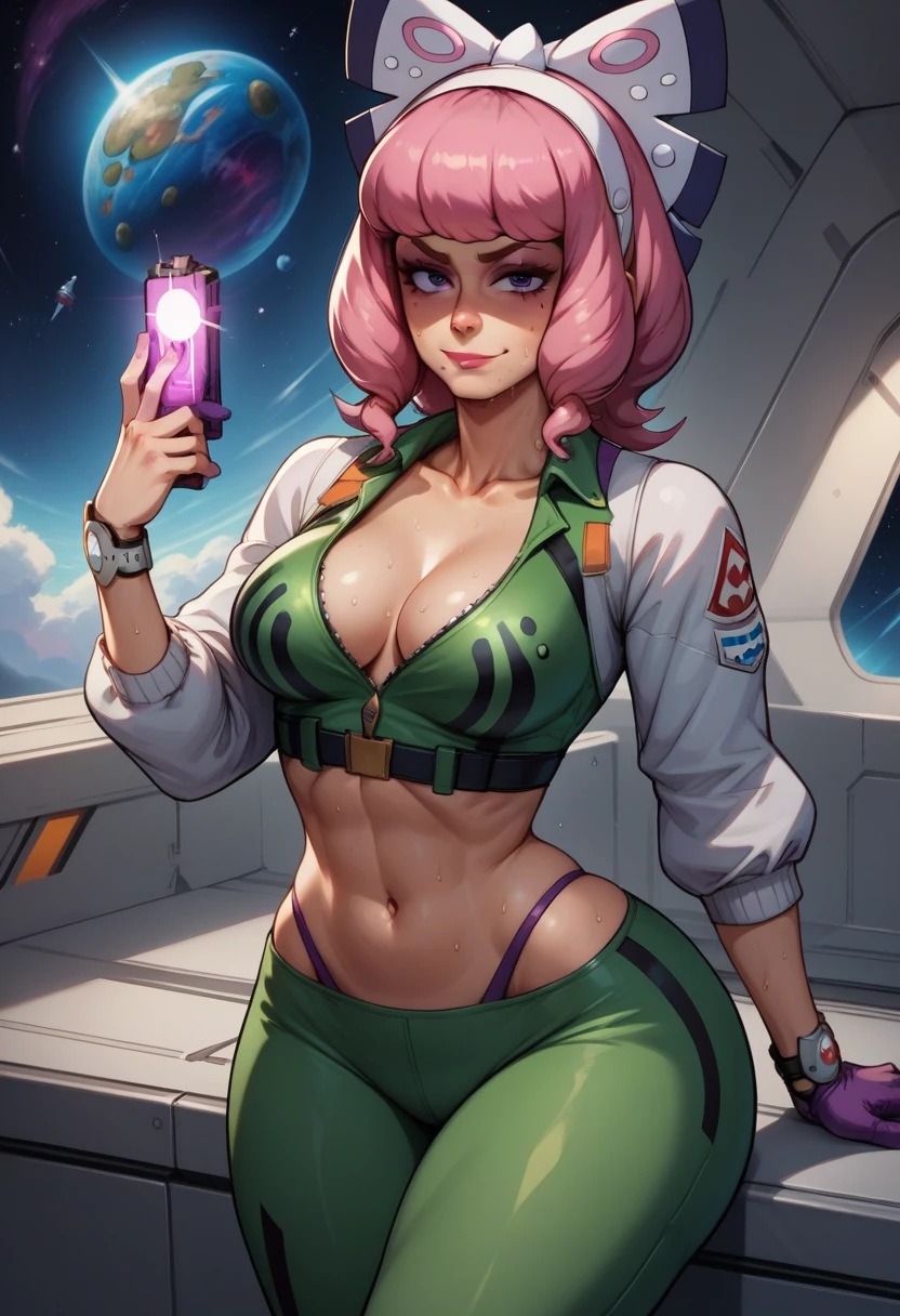 score_9, score_8_up, score_7_up, score_6_up, BREAK klara, Sci-fi outfit, cleavage, medium breasts, seductive smirk,sweating, wide hips, big ass, on a spaceship, in space