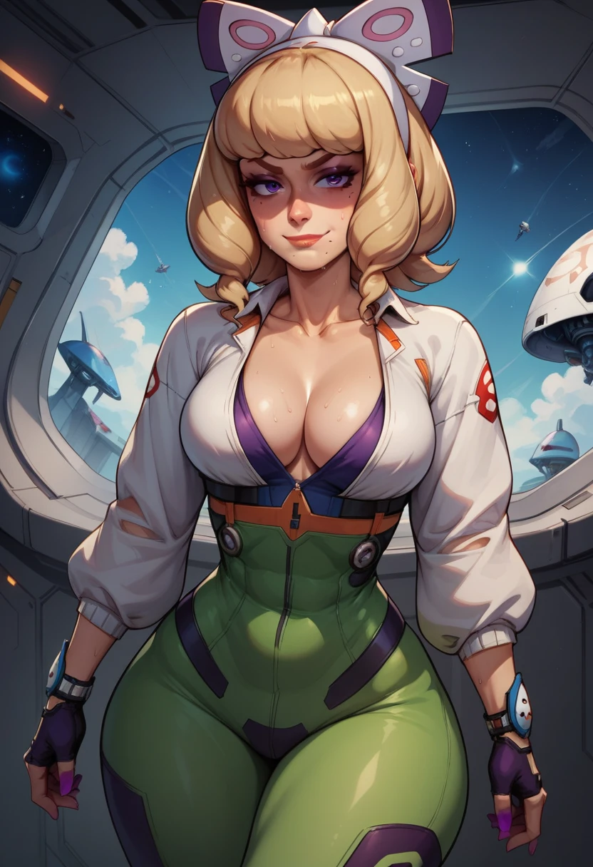 score_9, score_8_up, score_7_up, score_6_up, BREAK klara, Sci-fi outfit, cleavage, medium breasts, seductive smirk,sweating, wide hips, big ass, on a spaceship, in space